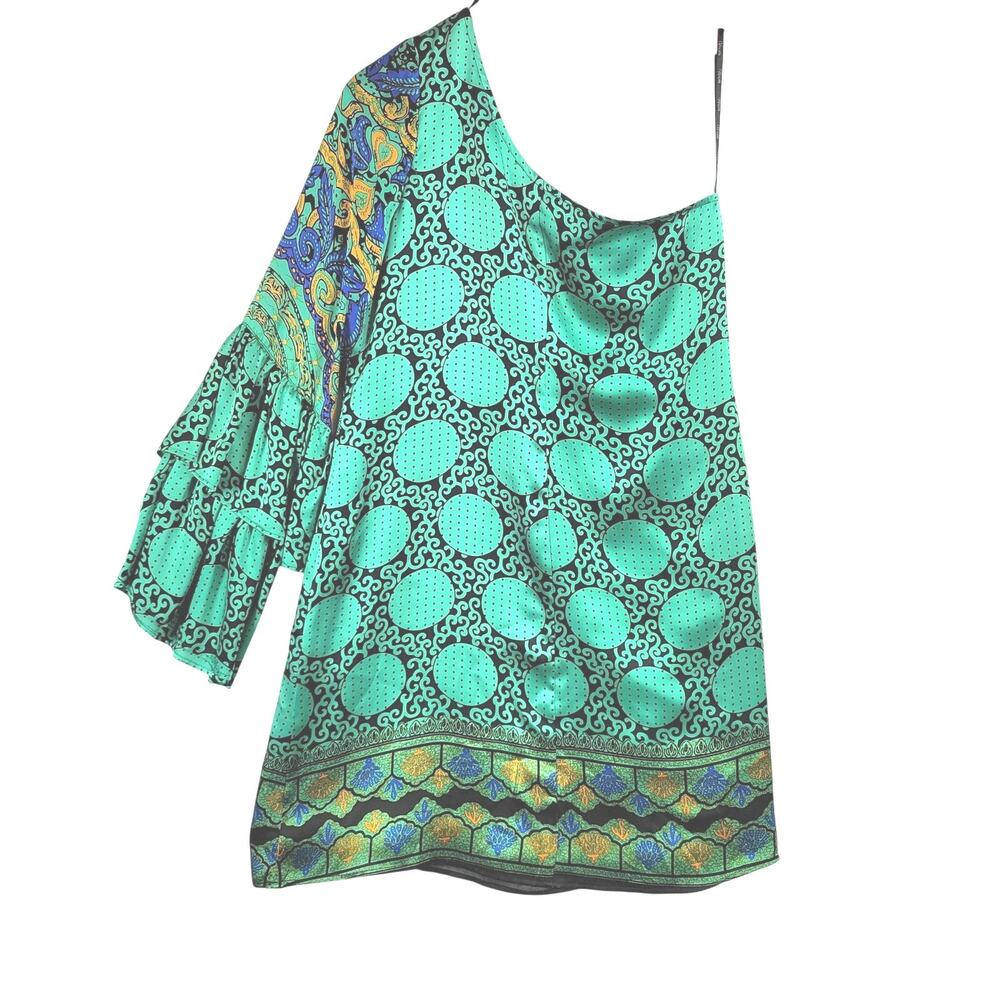 Voom By Joy Han Dress Womens Large Green Silk One Shoulder Ruffle Sleeve Mini - Picture 5 of 12